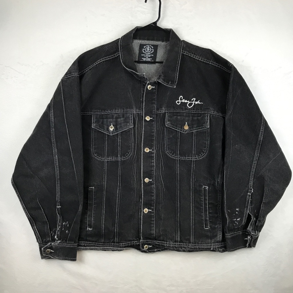 Sean John Denim Jacket Mens Size 2XL Heavy Jean Coat Dark Wash Cotton Distressed